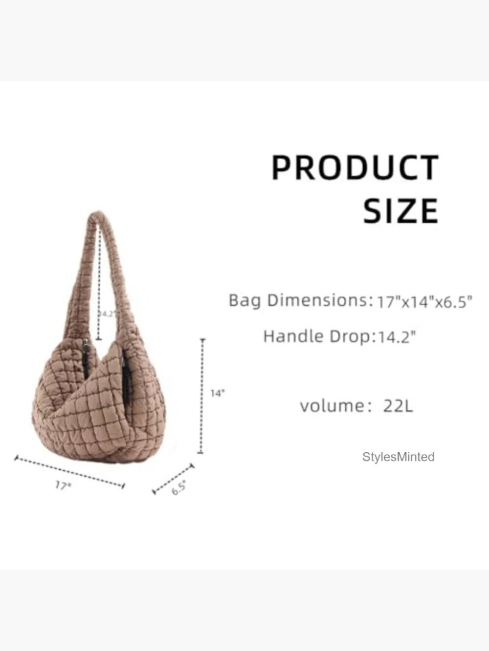 Quilted Nylon Puffer Tote Bag Large Hobo Crossbody Shoulder Bag 17" - Picture 4 of 7